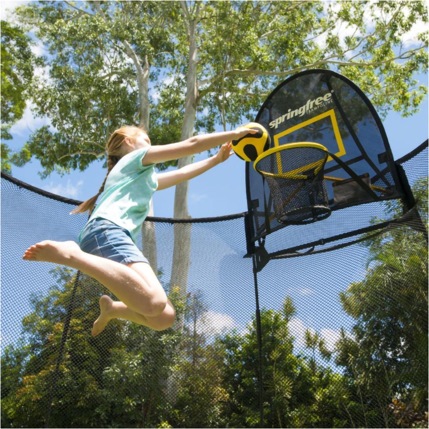 Springfree Outdoor 8x11 Ft. Trampoline With Enclosure, Hoop Game and Step Ladder - Go Little Ones